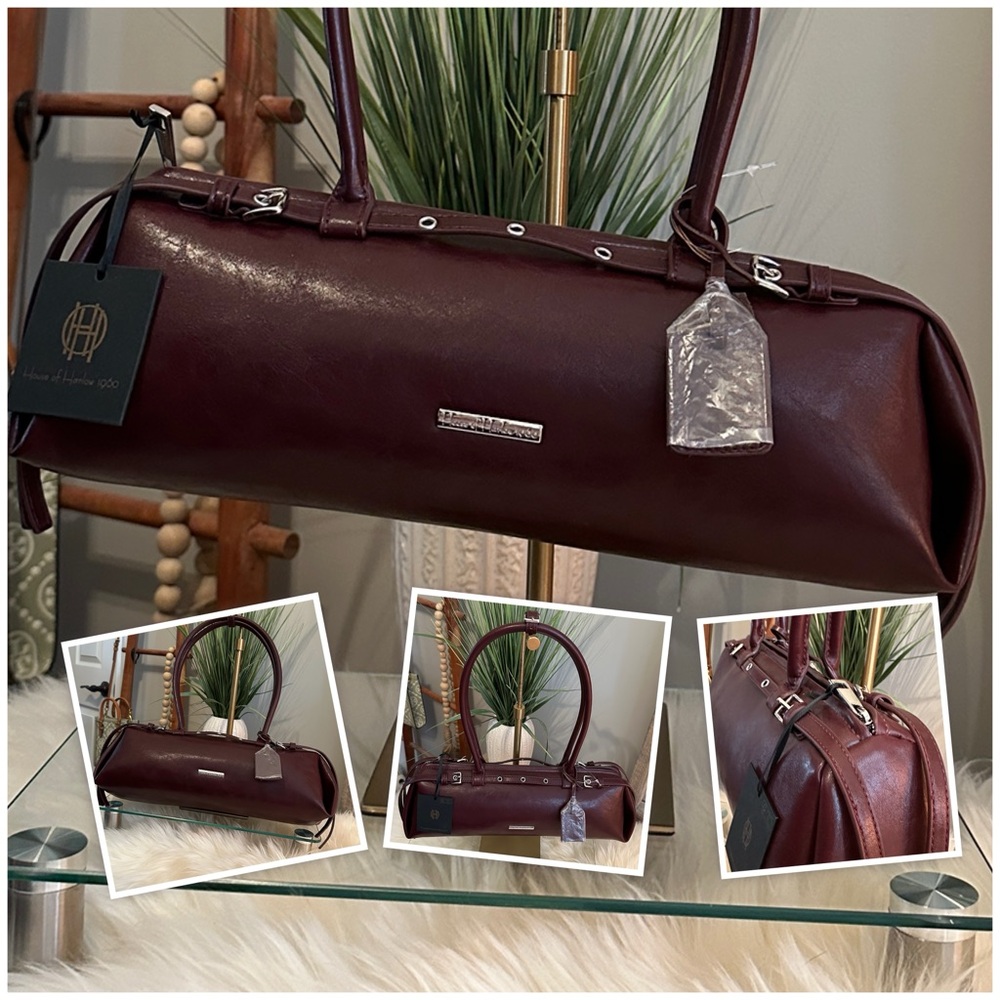 HOUSE OF HARLOW 1960 Faux Leather Barrel Baguette Shoulder Bag in Merlot, NWT